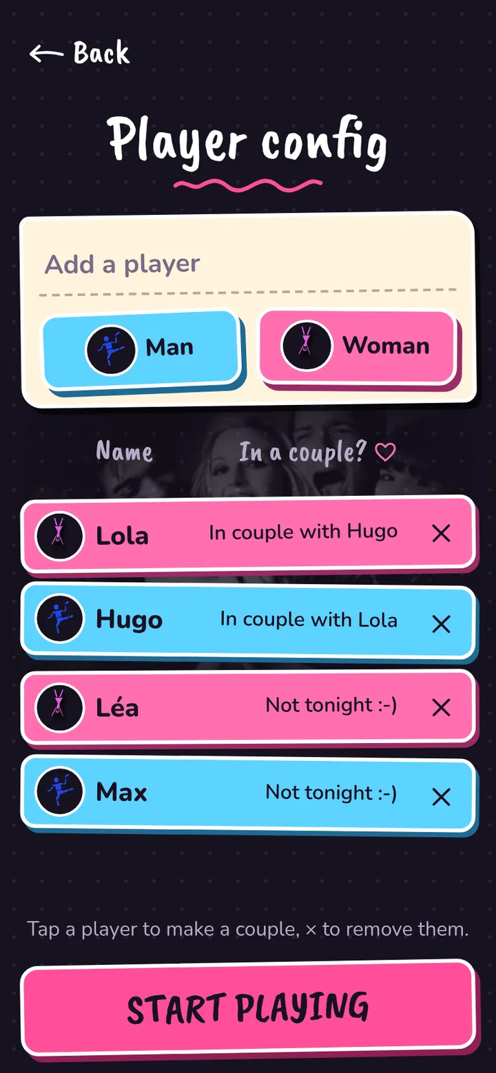 Players and couples setup