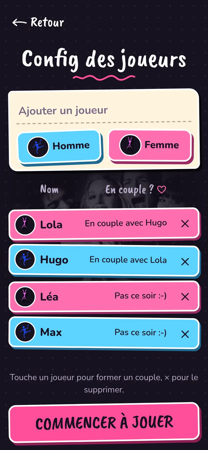 Configuration des joueurs et des couples